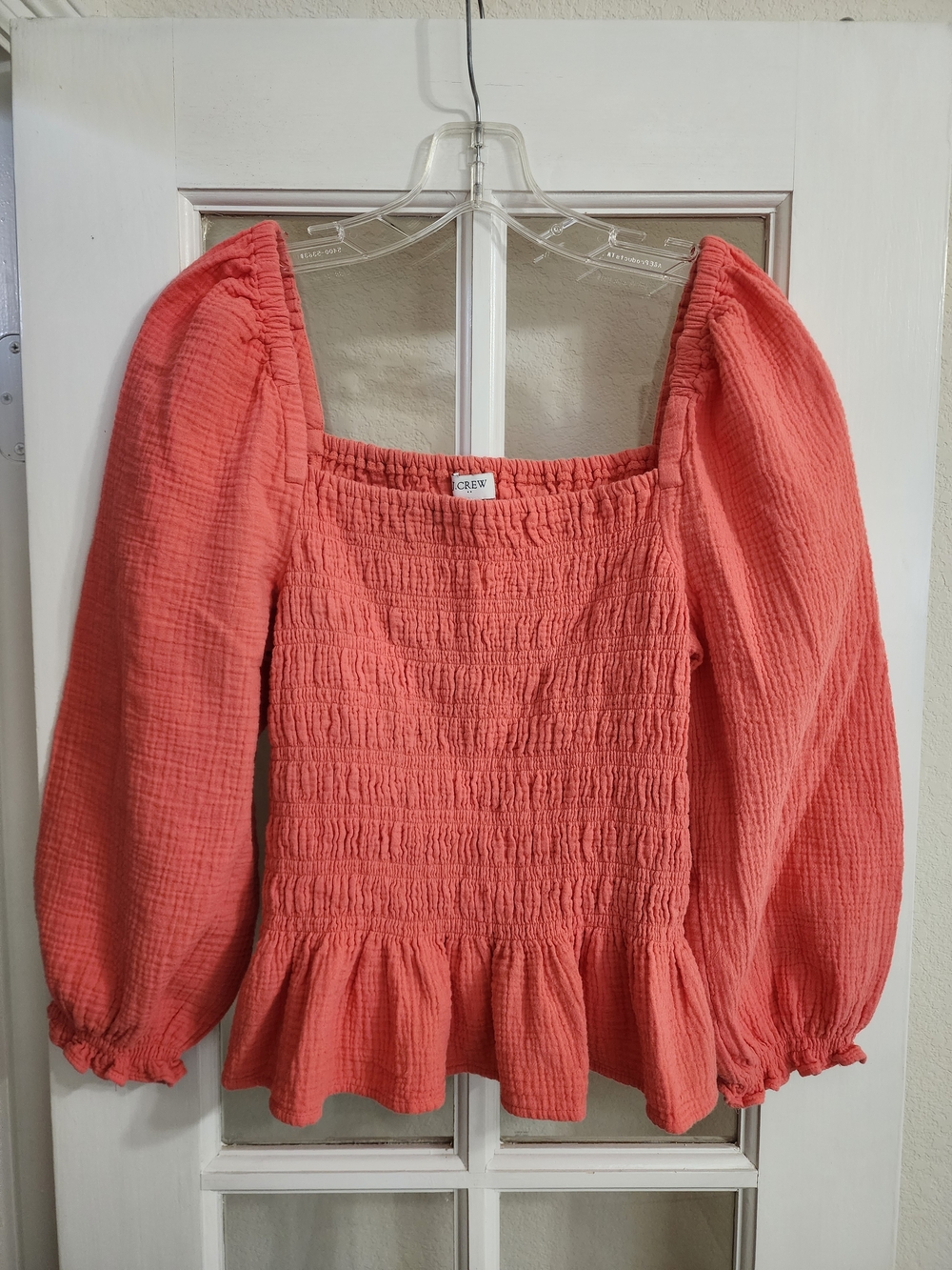 J.Crew Factory XL Coral Cotton Gauze Smocked Peplum Bishop Sleeve Top